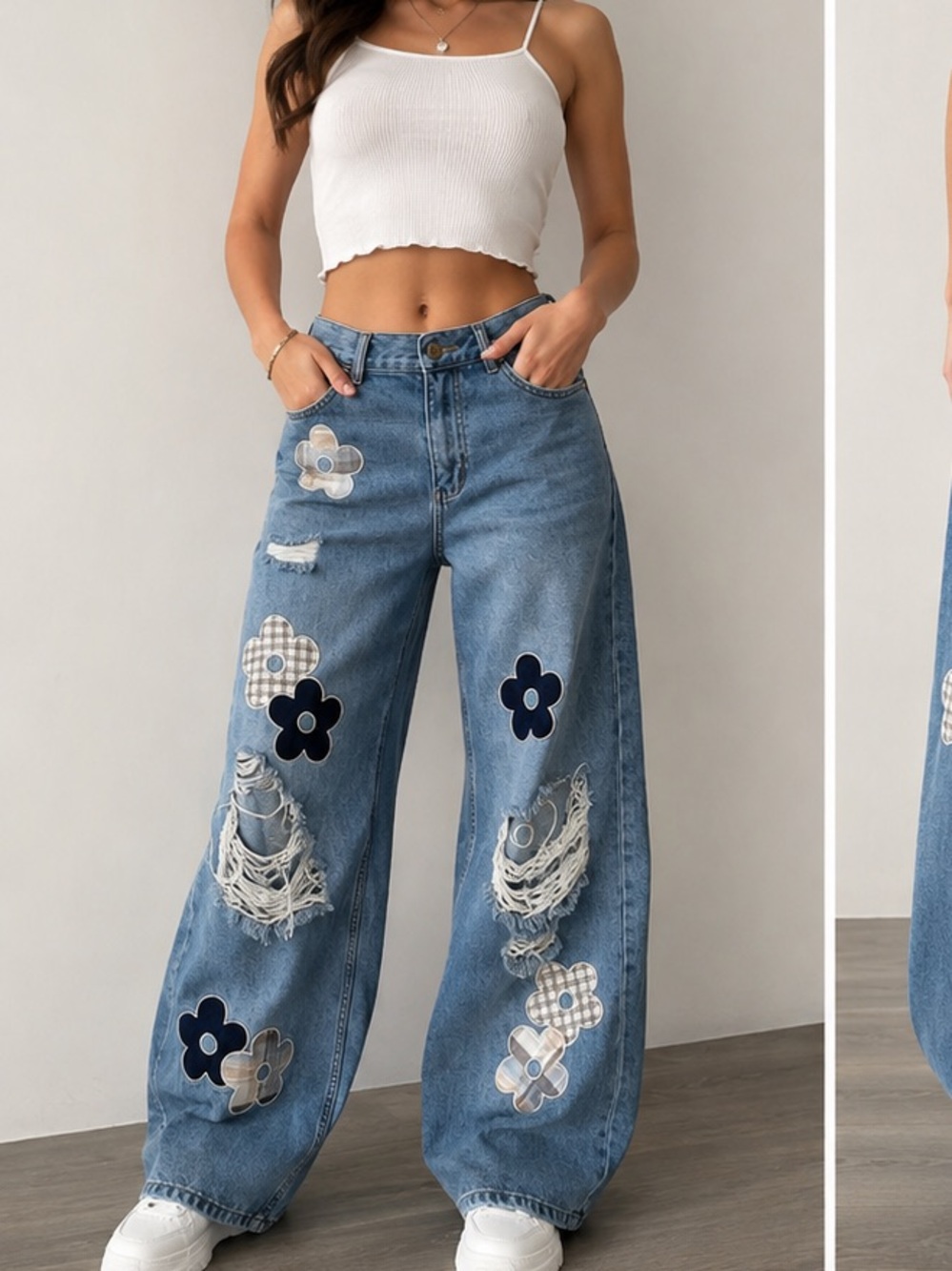 BDG Skater Baggy Jeans Size 27 Floral Applique Distressed Y2K Wide Leg